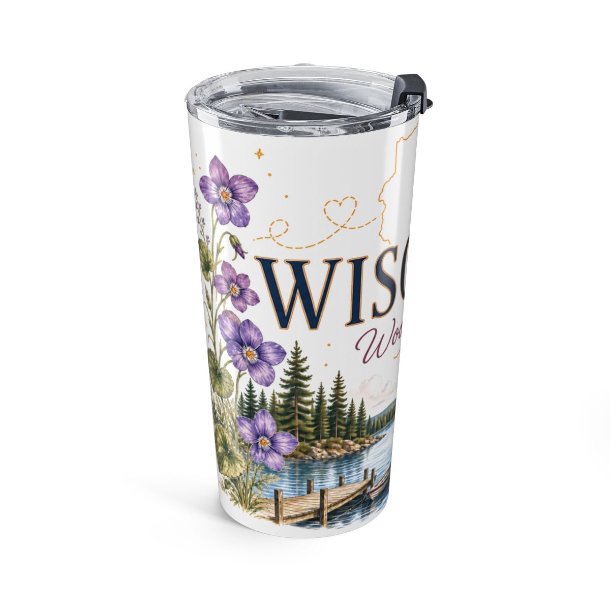 Wisconsin State Flower Tumbler | Wood Violet Botanical Travel Cup | 20oz Stainless Steel Gift — left