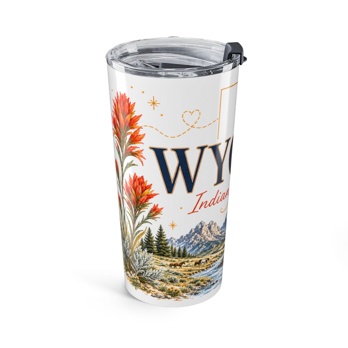 Wyoming State Flower Tumbler | Indian Paintbrush Botanical Travel Cup | 20oz Stainless Steel Gift — left