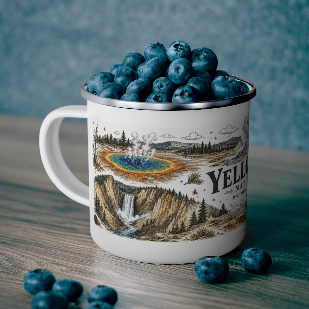Yellowstone National Park enamel camping mug outdoor lifestyle scene