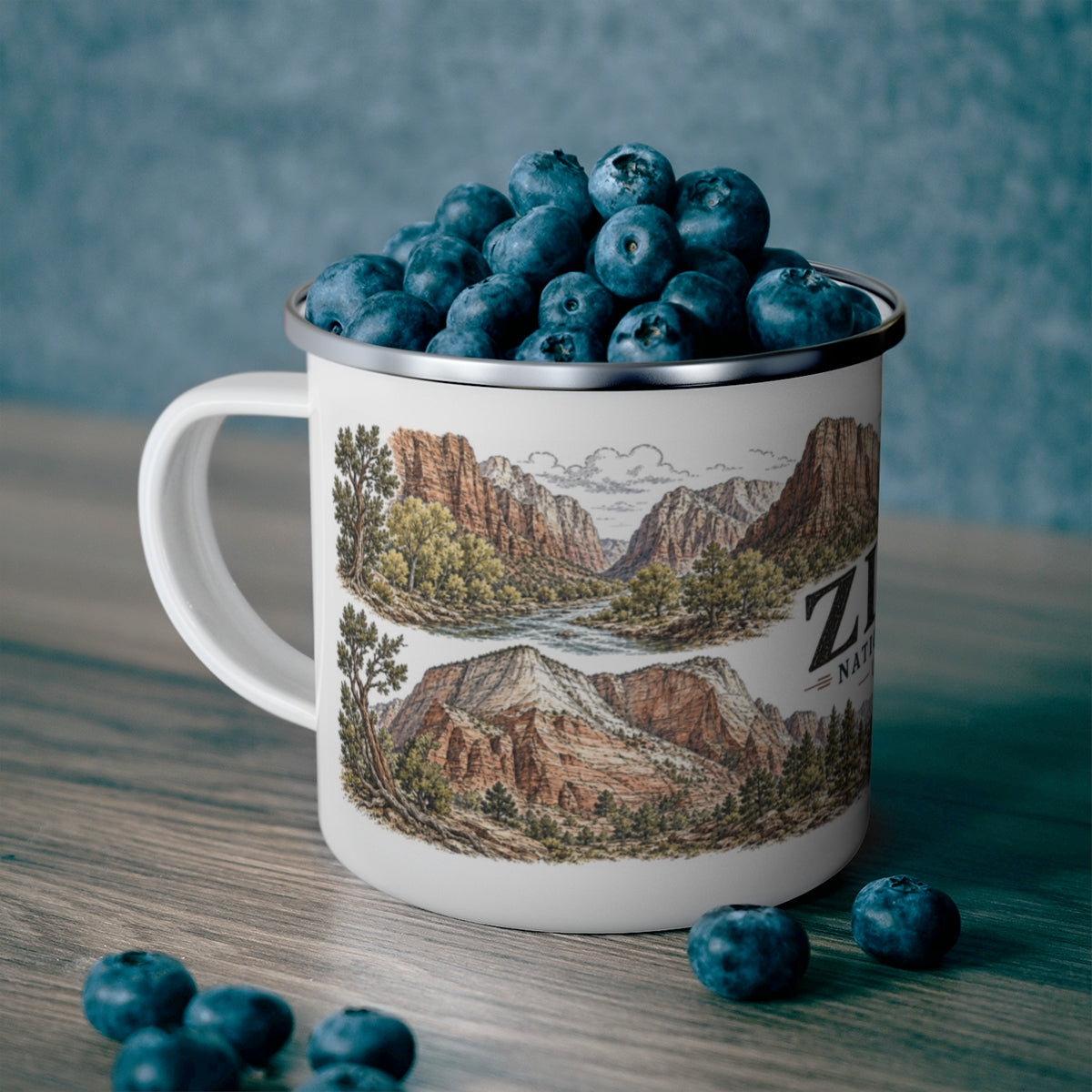 Zion National Park enamel camping mug outdoor lifestyle scene